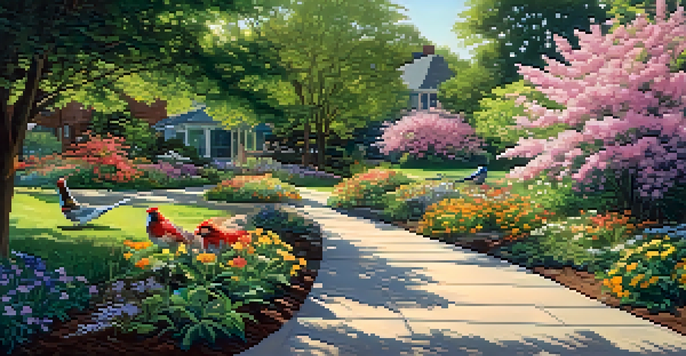 A vibrant garden in Highland Park with various colorful birds and blooming flowers under filtered sunlight.