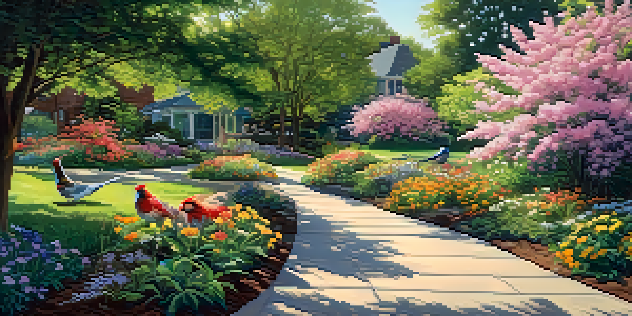 A vibrant garden in Highland Park with various colorful birds and blooming flowers under filtered sunlight.