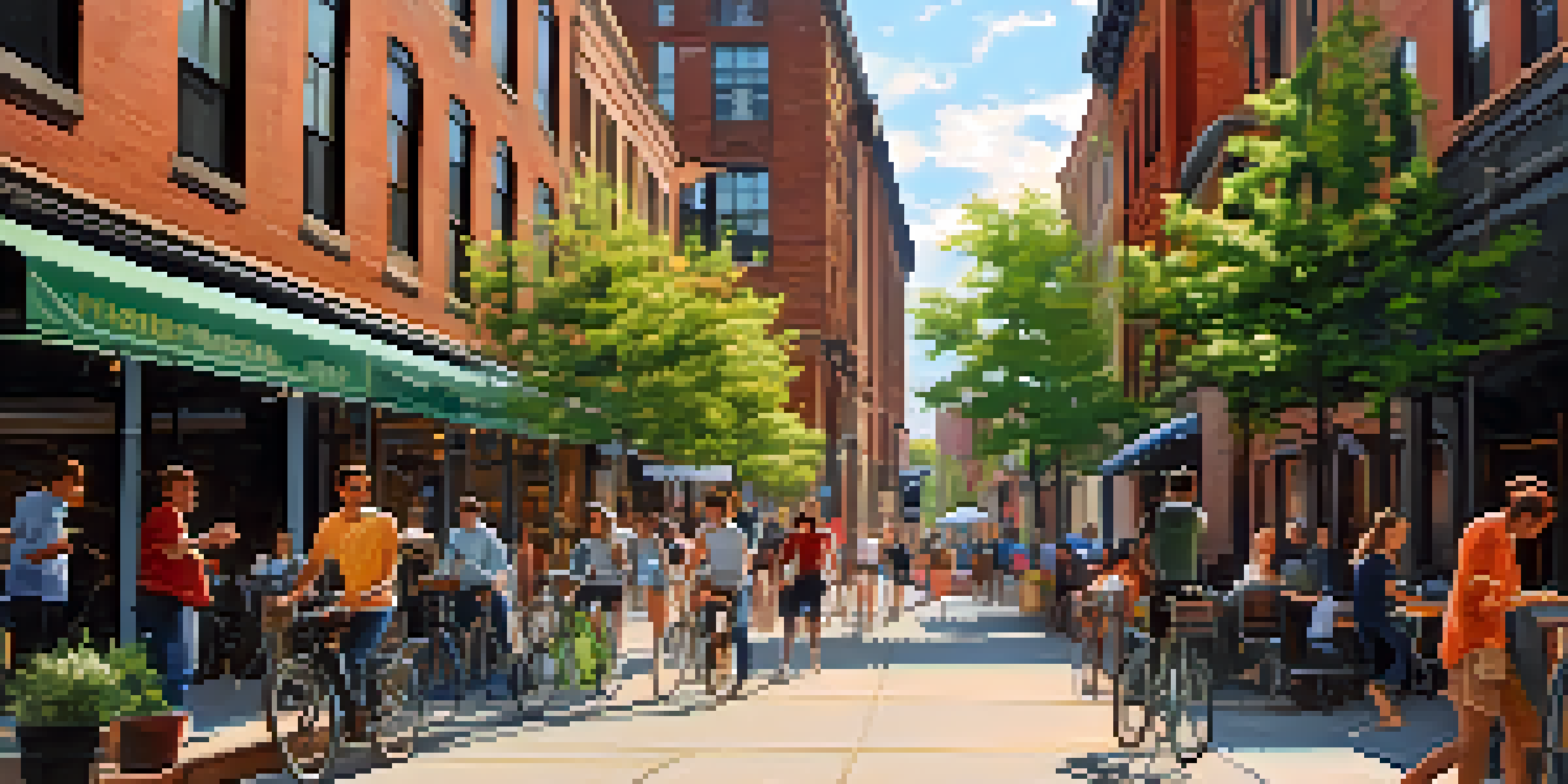 A lively urban street in Rochester featuring historic buildings and modern tech companies, with people enjoying the outdoors in sunlight.