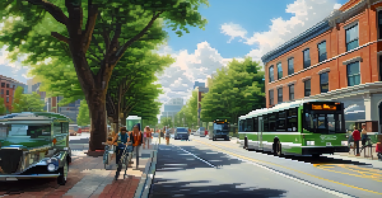 An urban street with a cyclist, pedestrians, and a public transit bus among greenery.