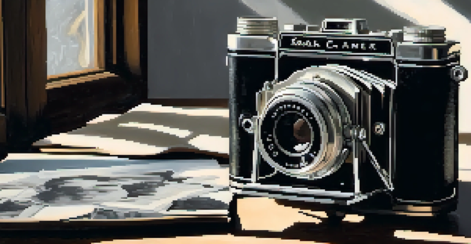 A vintage Kodak camera on a wooden table with black and white photographs around it, illuminated by soft natural light.