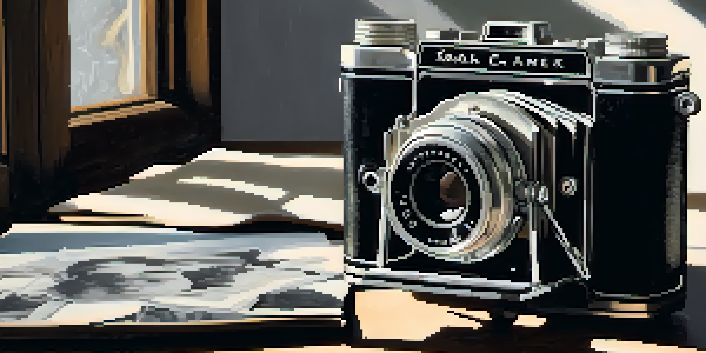 A vintage Kodak camera on a wooden table with black and white photographs around it, illuminated by soft natural light.