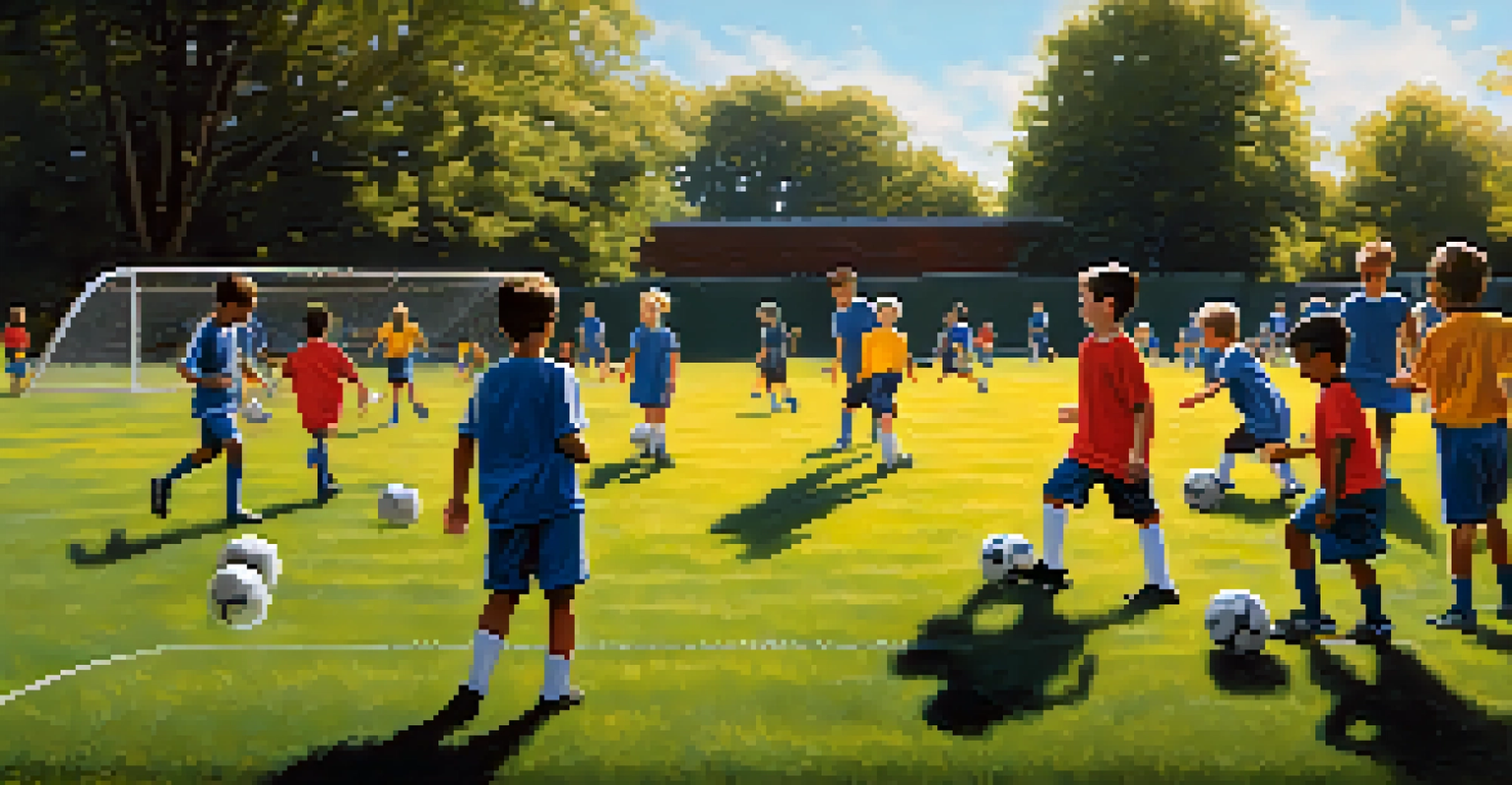 Children practicing soccer on a sunny day in Rochester, with coaches and parents observing the practice.