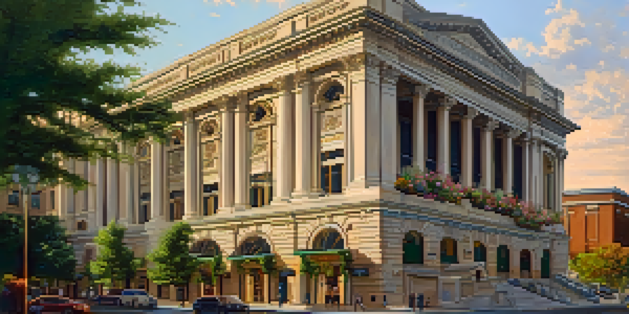 A grand Renaissance-style theatre with intricate architectural details, surrounded by blooming flowers and greenery during golden hour.