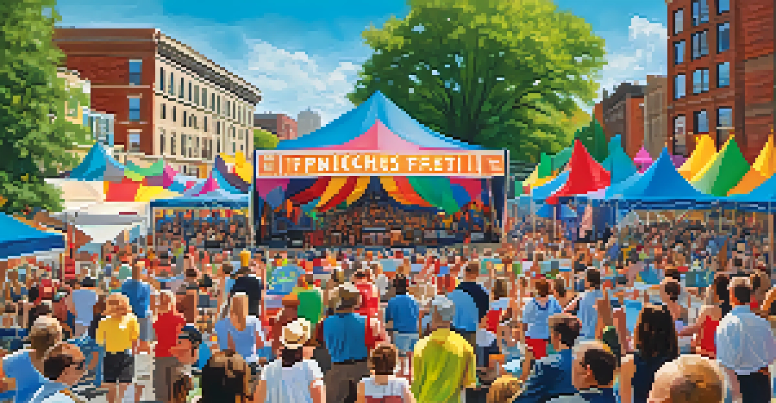 A lively outdoor festival scene during the Rochester Fringe Festival, with diverse performers on stage and an enthusiastic crowd.