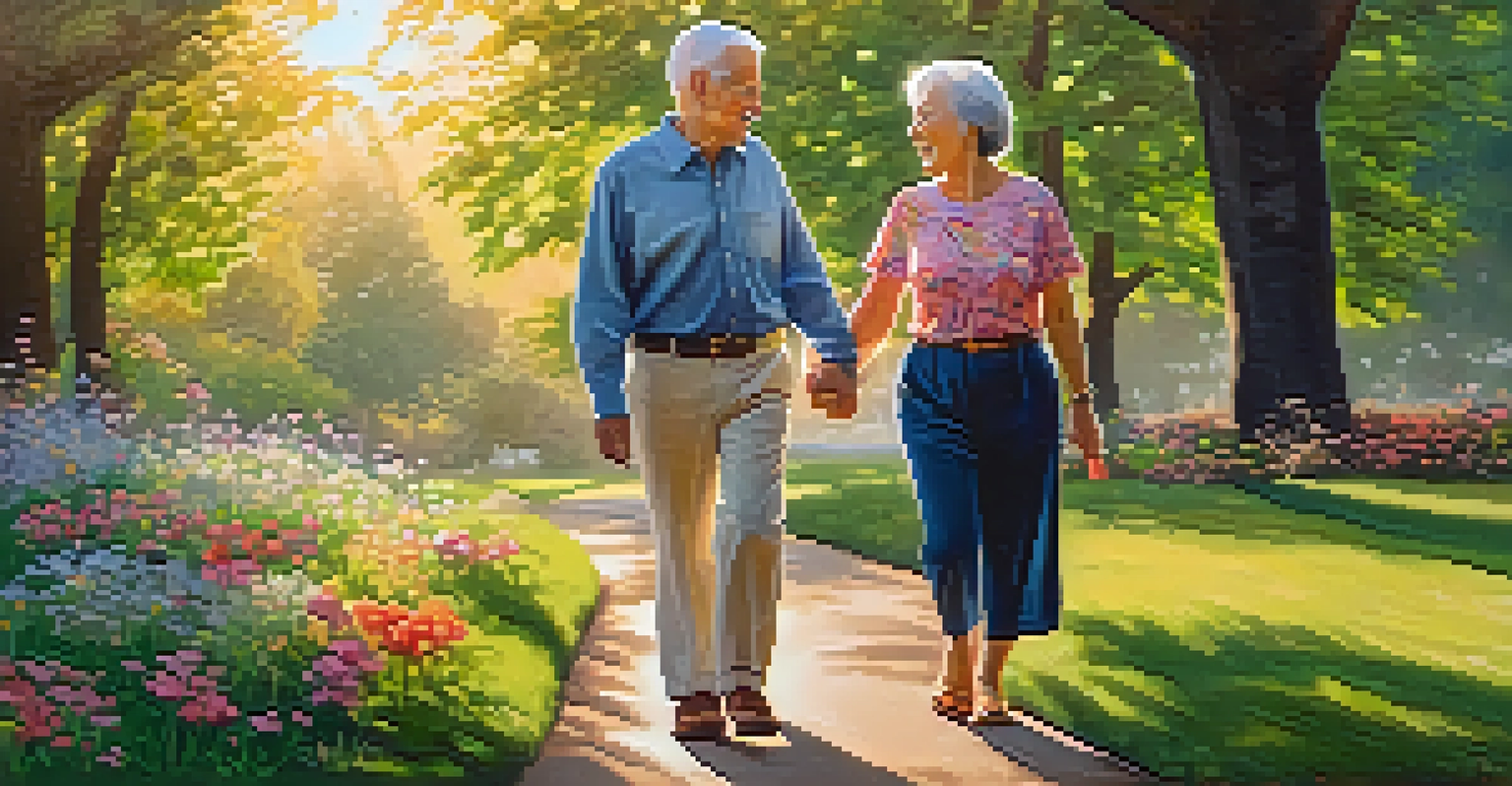 A senior couple walking hand in hand in a beautiful park, surrounded by nature during golden hour.