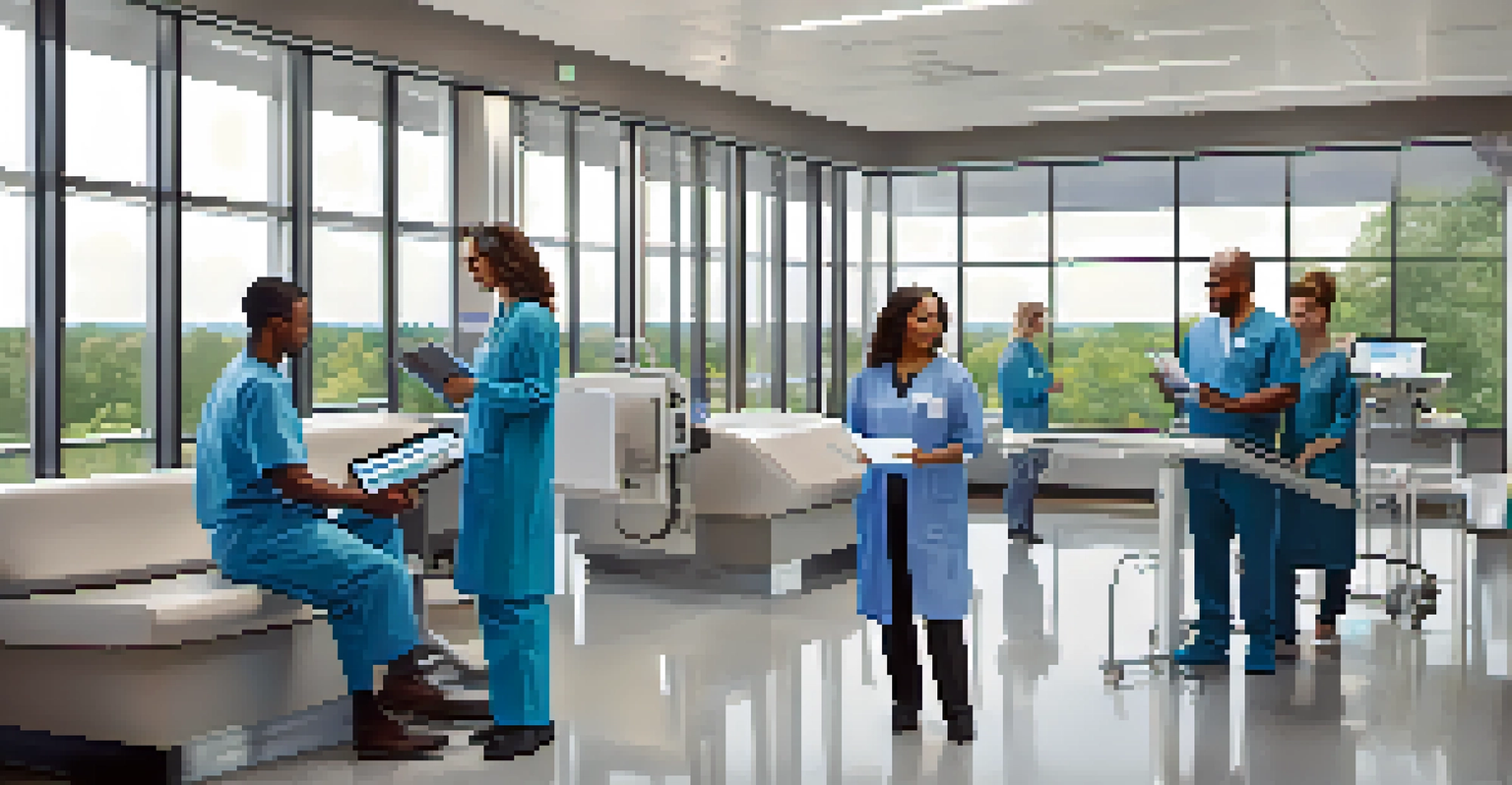 A modern healthcare facility in Rochester with healthcare professionals discussing around a digital tablet, featuring high-tech medical equipment.