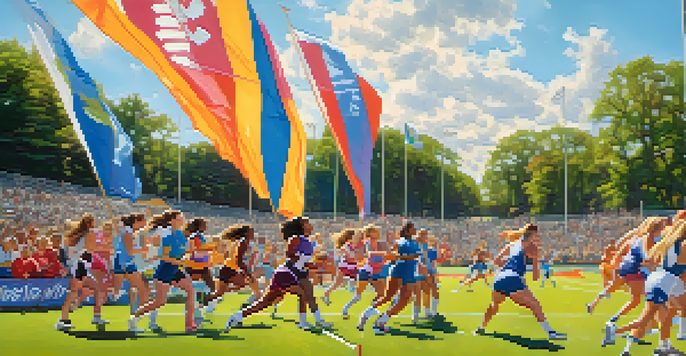 A lively women's sports tournament with diverse female athletes competing, surrounded by cheering spectators and colorful banners.