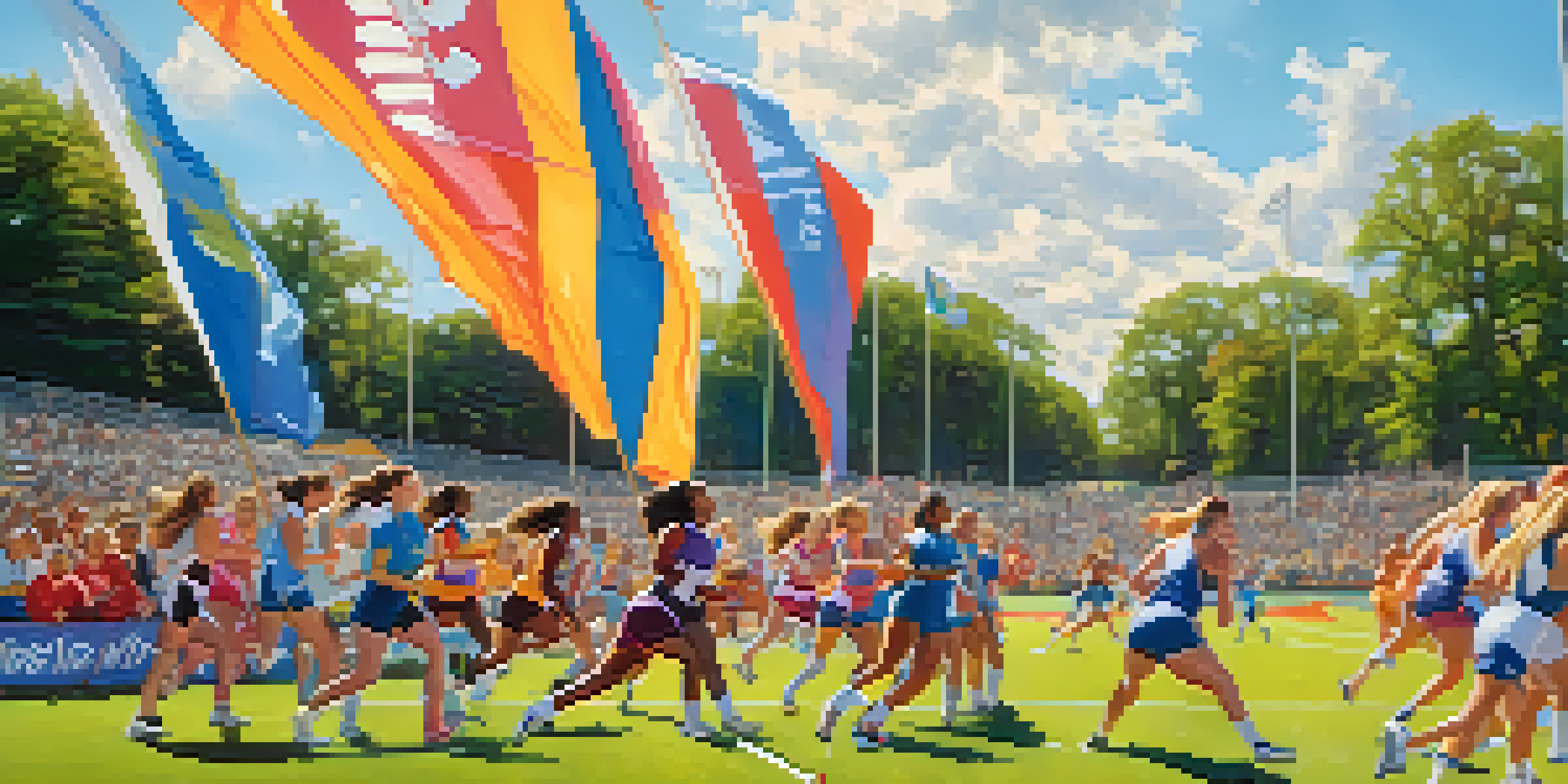 A lively women's sports tournament with diverse female athletes competing, surrounded by cheering spectators and colorful banners.