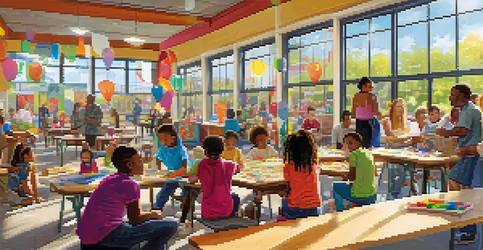 A lively community center in Rochester with diverse individuals engaged in various activities, sunlight streaming through windows.