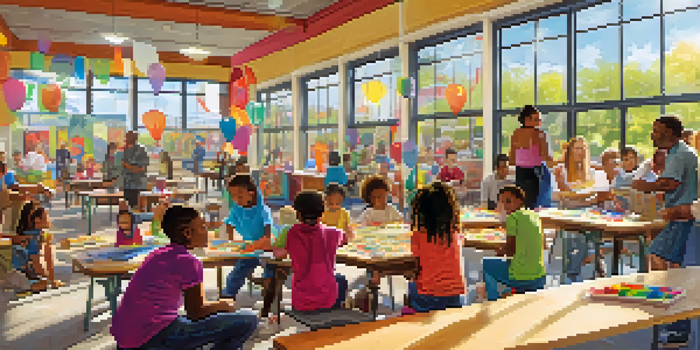 A lively community center in Rochester with diverse individuals engaged in various activities, sunlight streaming through windows.