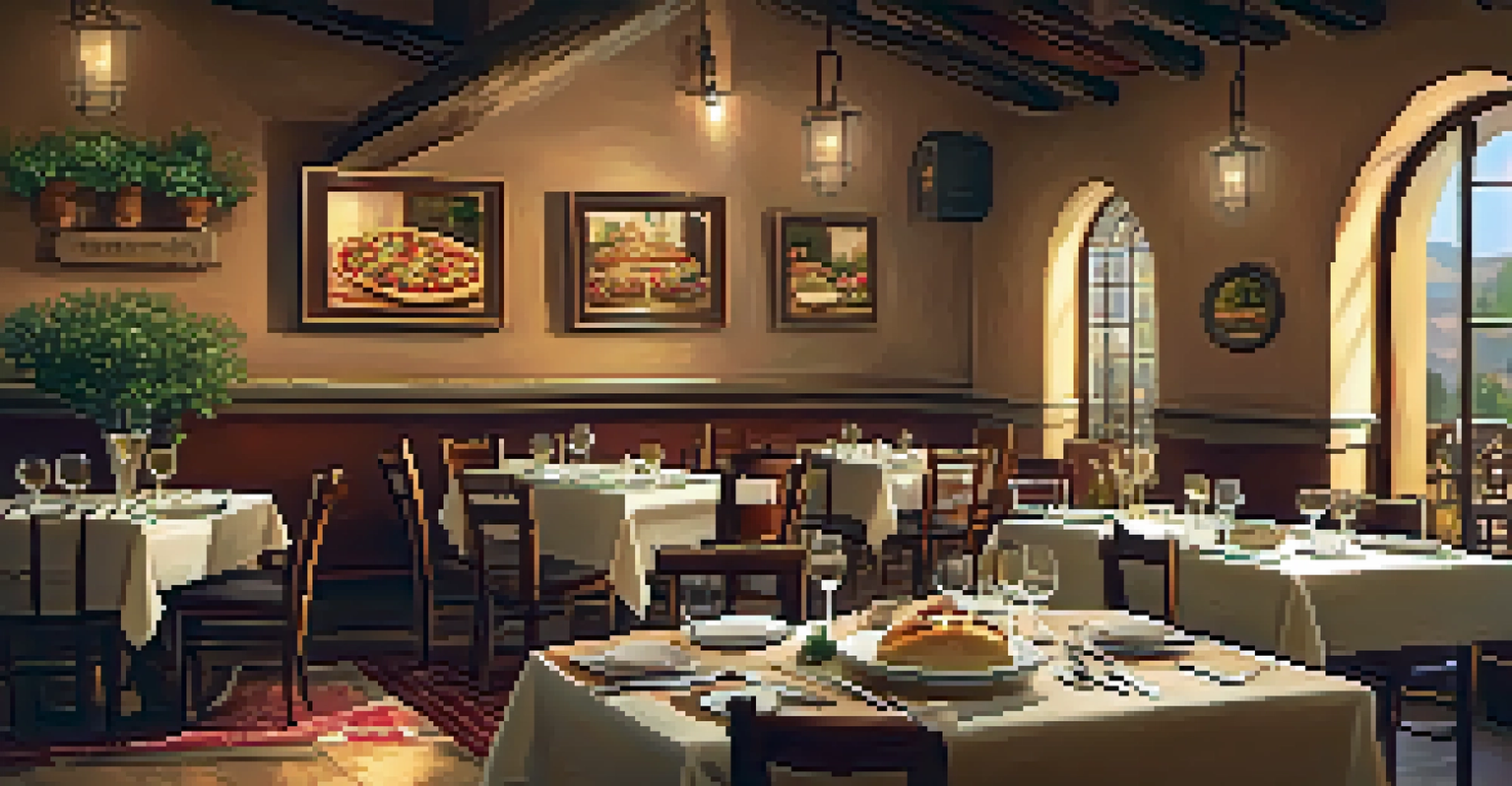 Cozy interior of an Italian restaurant with rustic decor and a table set with pasta and pizza.