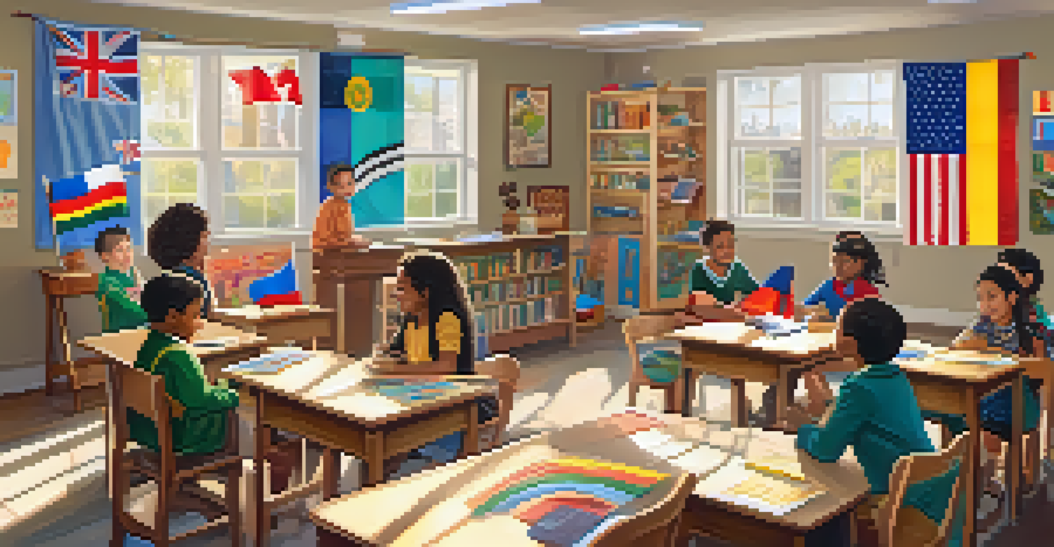 A multicultural classroom in Rochester with children learning about diversity, surrounded by decorations representing various cultures.