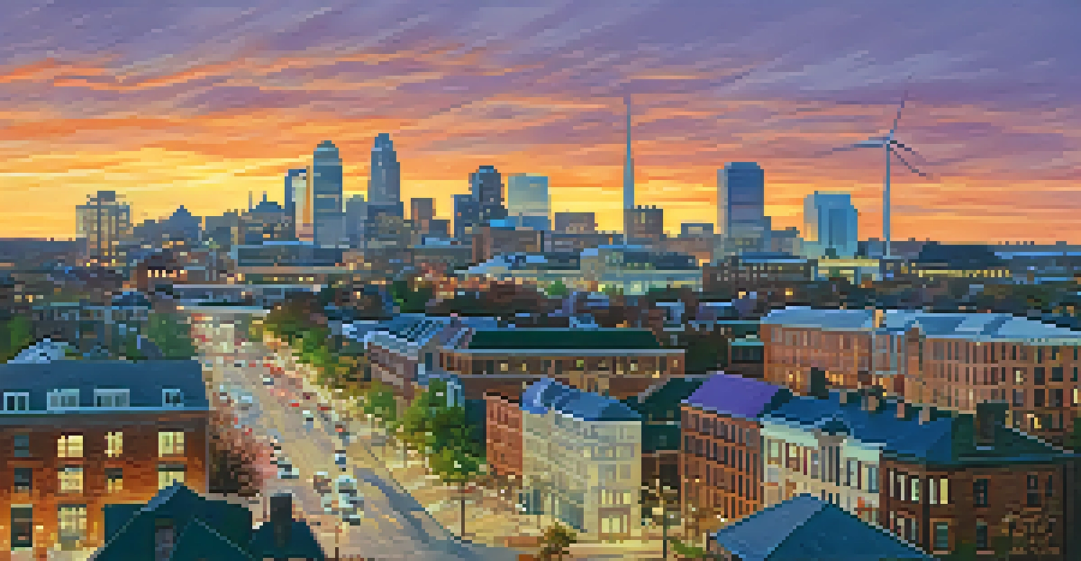 Rochester's skyline at sunset with sustainable buildings and wind turbines, showcasing a vibrant orange and purple sky.