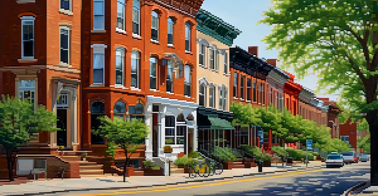 A picturesque street in Rochester's historic district filled with vintage buildings and art galleries, showcasing the city's artistic spirit.
