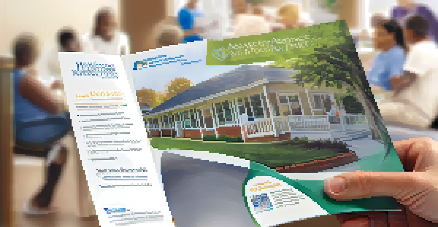 A hand holding a brochure about housing assistance resources, with a blurred community center background.