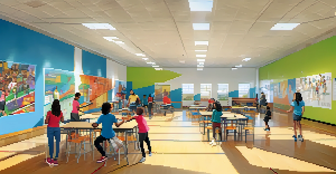 A colorful community center in Rochester with young people involved in tutoring, art, and sports, illuminated by natural light.