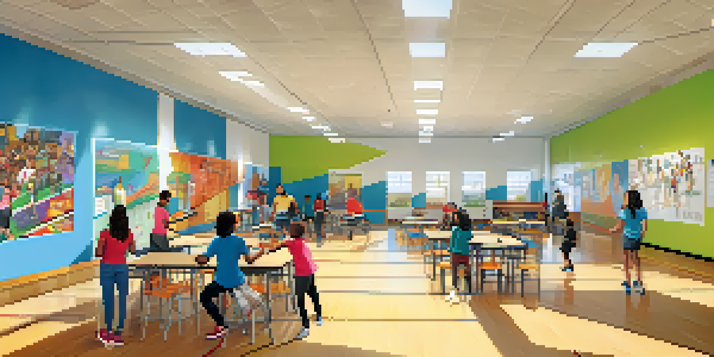 A colorful community center in Rochester with young people involved in tutoring, art, and sports, illuminated by natural light.