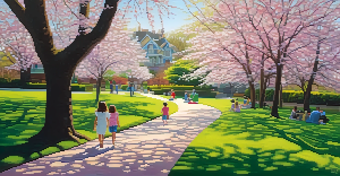 A beautiful spring scene in Highland Park with cherry blossoms, a winding path, and families enjoying picnics.