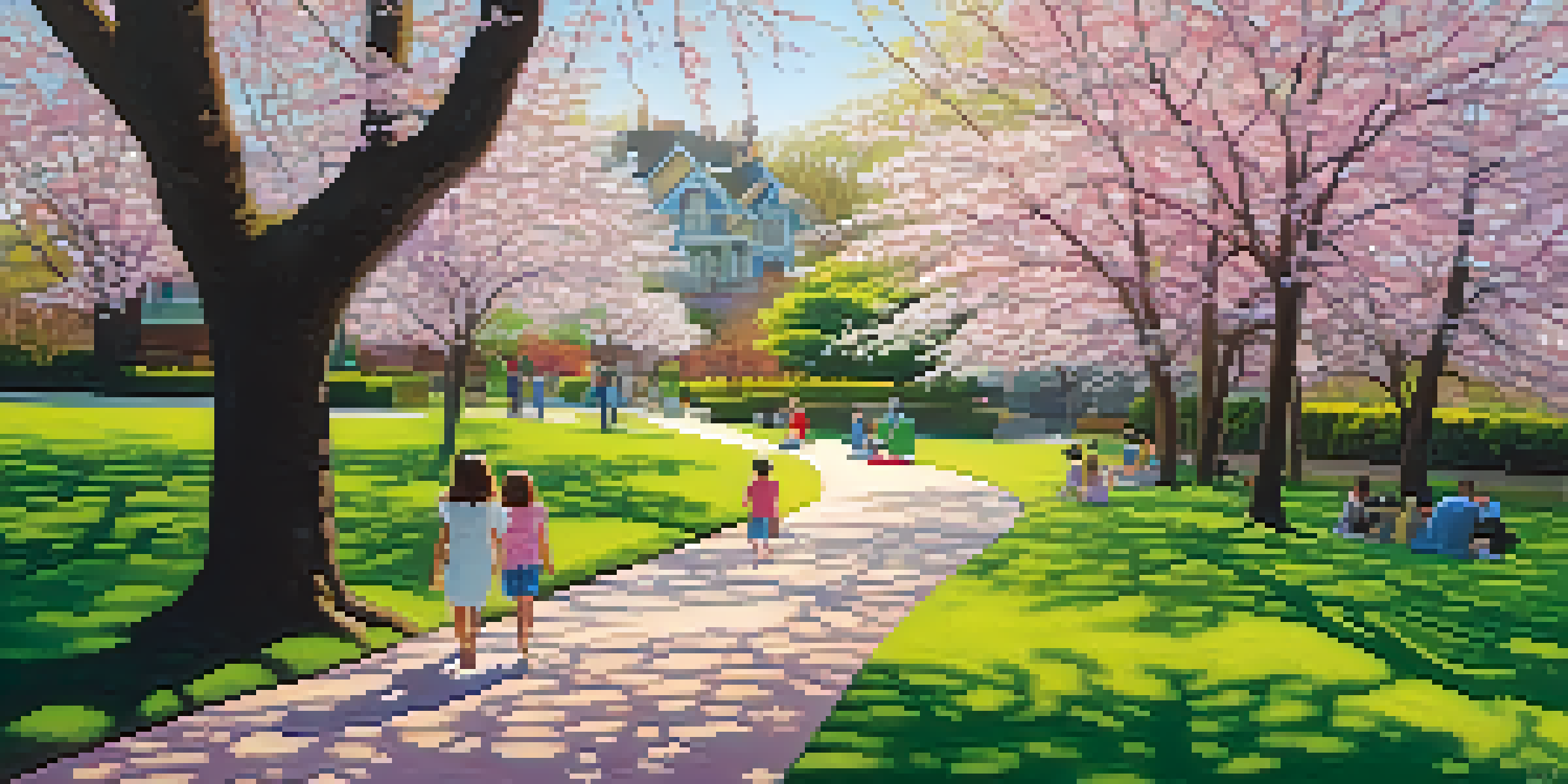 A beautiful spring scene in Highland Park with cherry blossoms, a winding path, and families enjoying picnics.