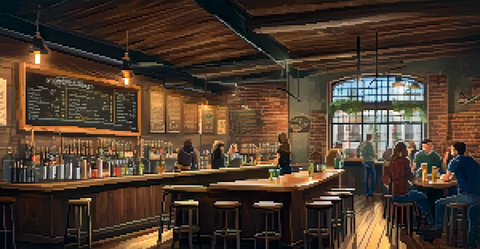 A warm and inviting craft brewery interior with a wooden bar, friends enjoying drinks, and a chalkboard menu.
