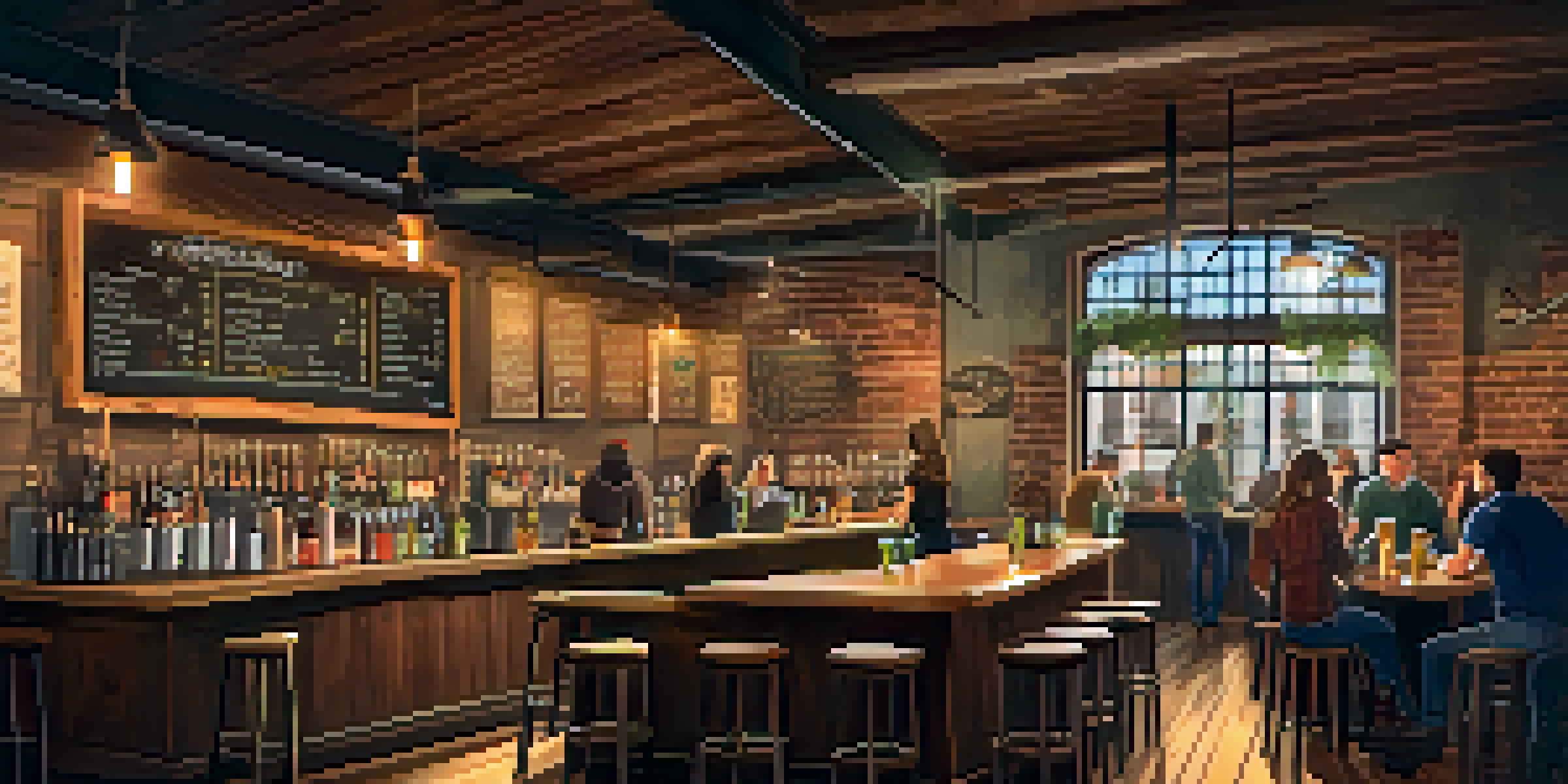 A warm and inviting craft brewery interior with a wooden bar, friends enjoying drinks, and a chalkboard menu.