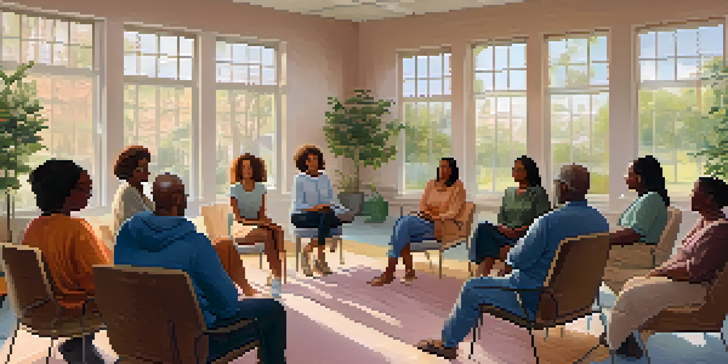 A cozy community center with a support group session in progress, featuring diverse individuals sitting in a circle, engaged in discussion.