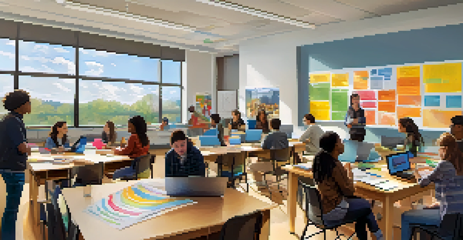Students of various backgrounds collaborating in a bright and colorful classroom setting at a Rochester university.