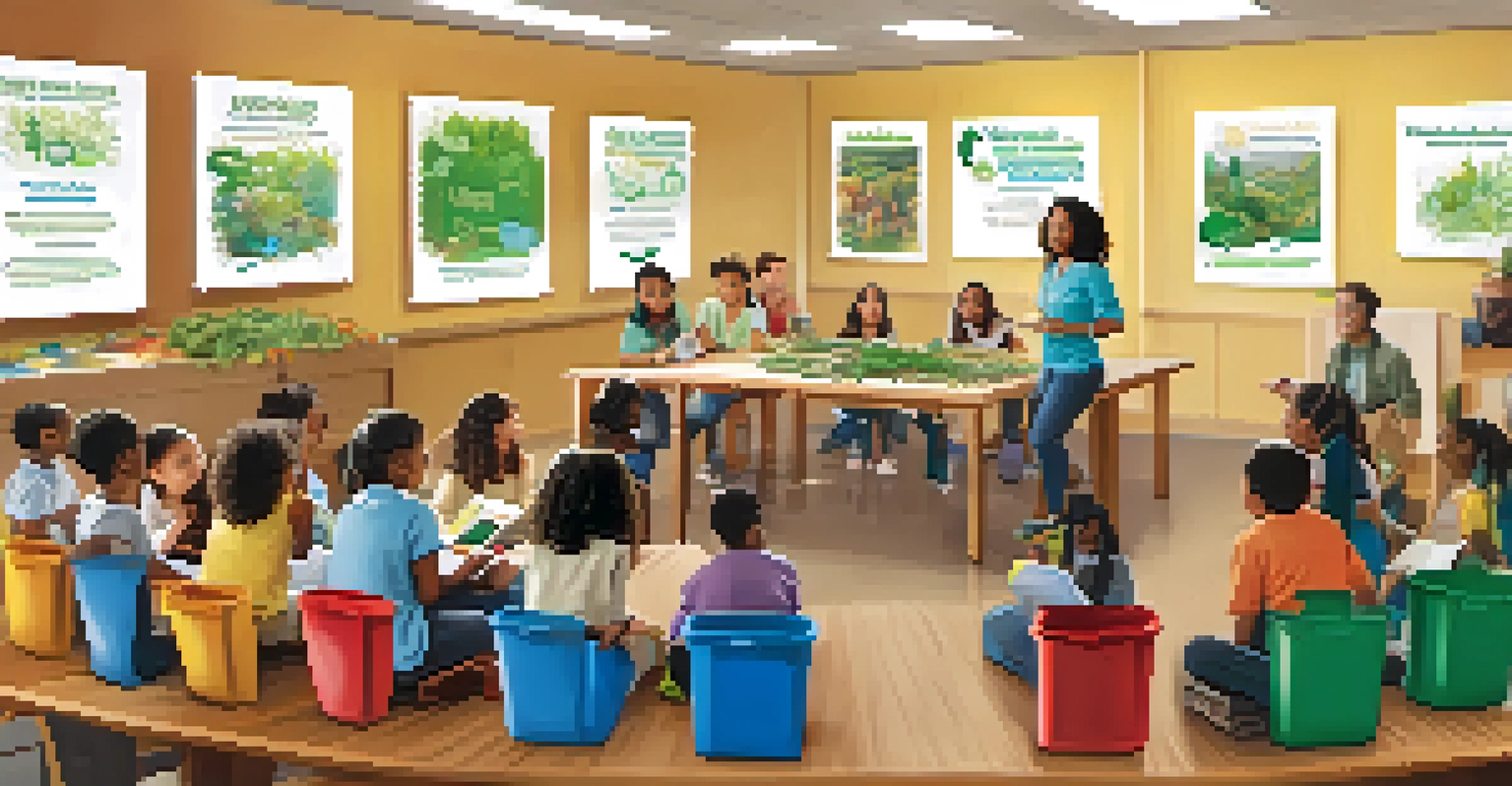 A classroom where children and adults learn about sustainability, with posters and a teacher demonstrating composting.