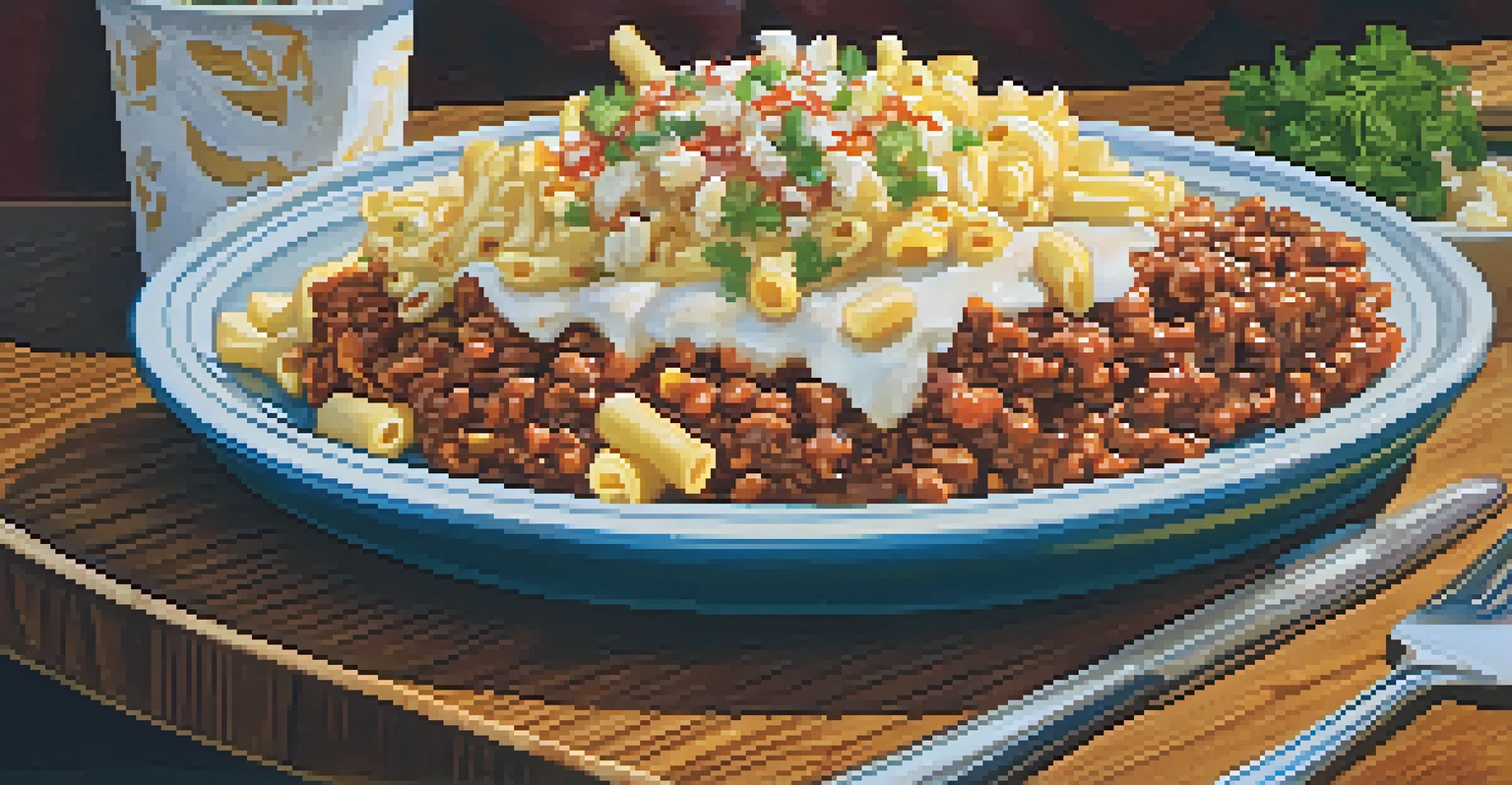 A close-up of a Rochester-style Garbage Plate featuring macaroni salad, home fries, and meats with spicy sauce on a rustic table.