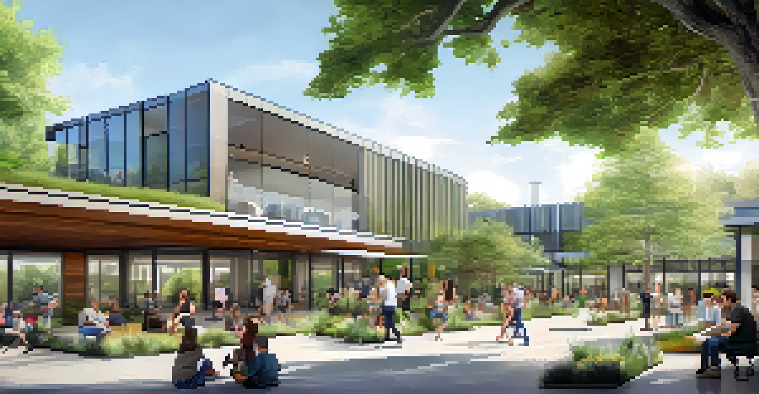 A modern landscape in Rochester highlighting sustainable buildings and community spaces filled with people enjoying the outdoors.