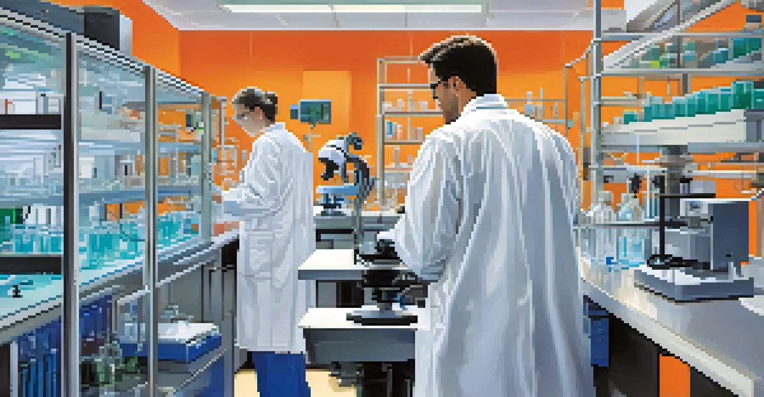 Inside a biotech lab with scientists working on advanced equipment and analyzing data.