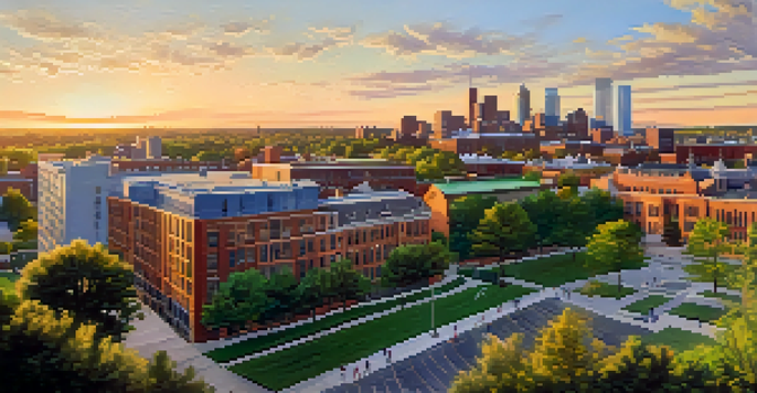 A panoramic view of Rochester's skyline at sunset with a diverse group of students working together outdoors near university buildings.