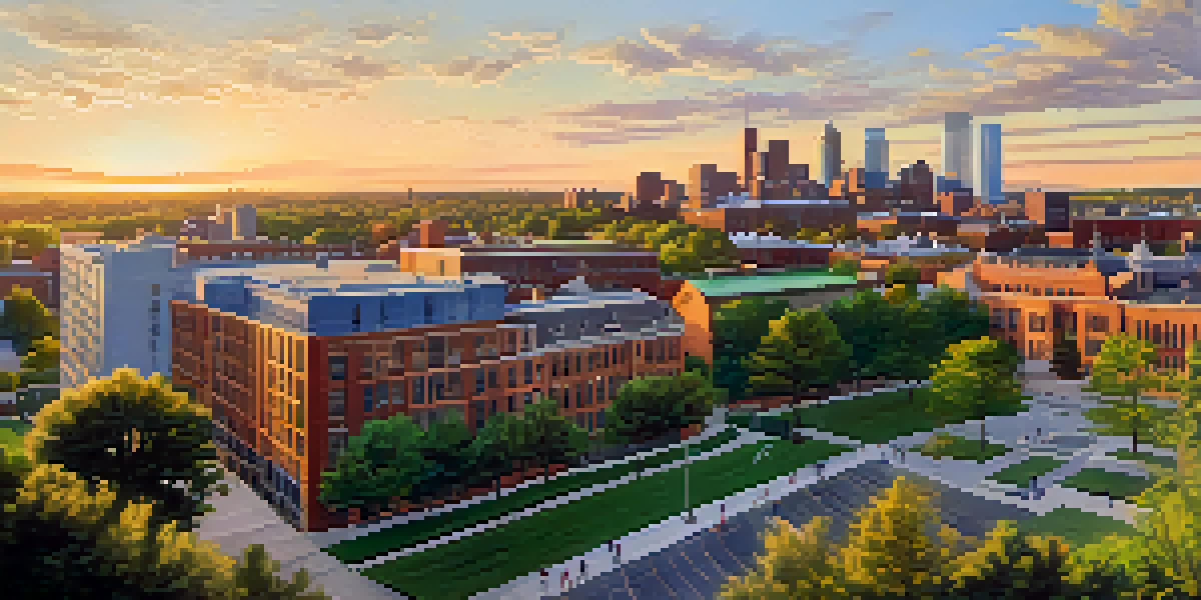 A panoramic view of Rochester's skyline at sunset with a diverse group of students working together outdoors near university buildings.