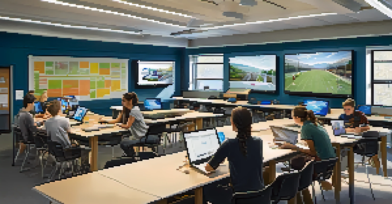 A university classroom in Rochester with students collaborating on technology projects, filled with high-tech equipment and natural light.