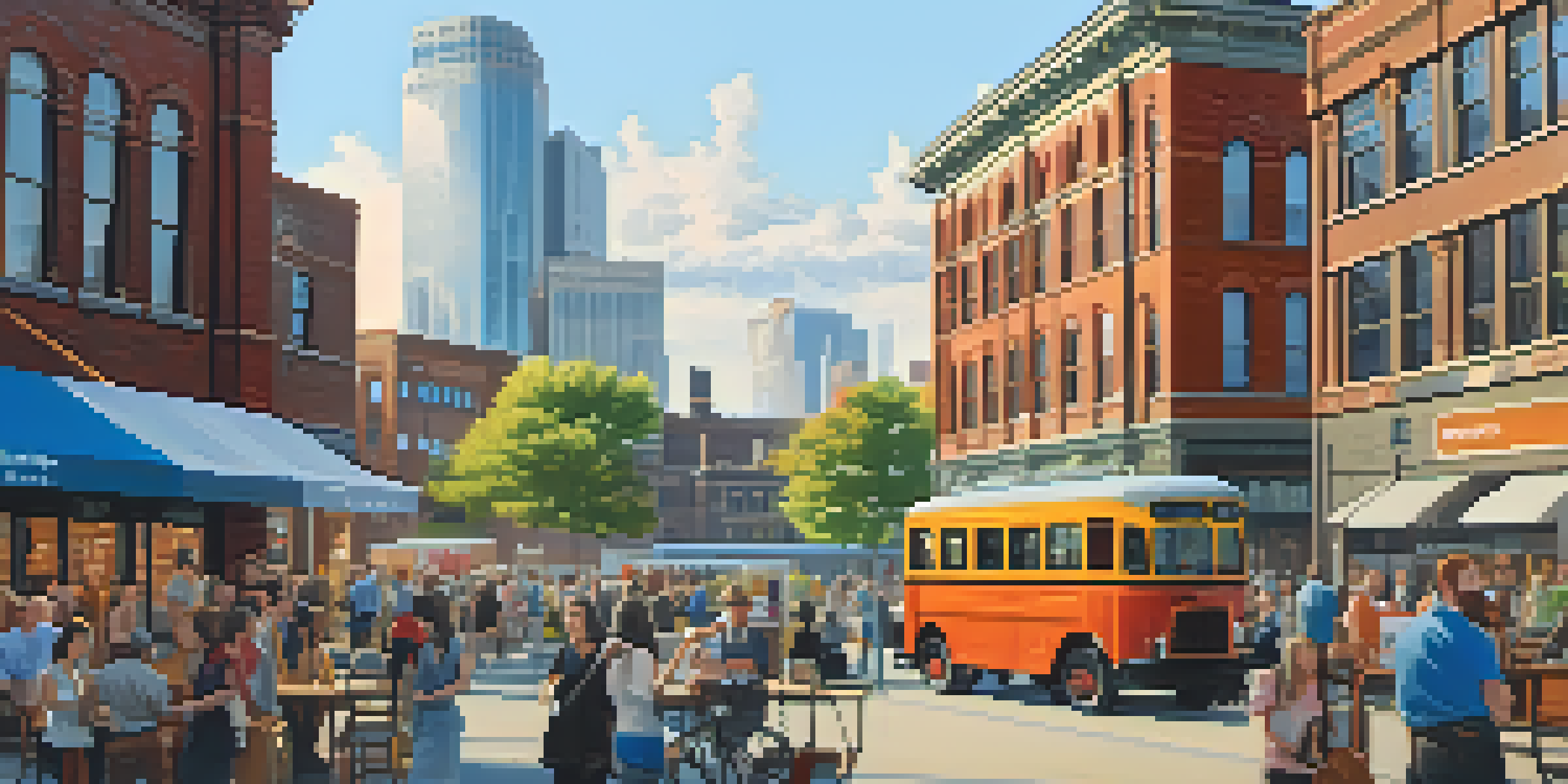 A busy urban scene in Rochester with people discussing in front of historic and modern buildings.