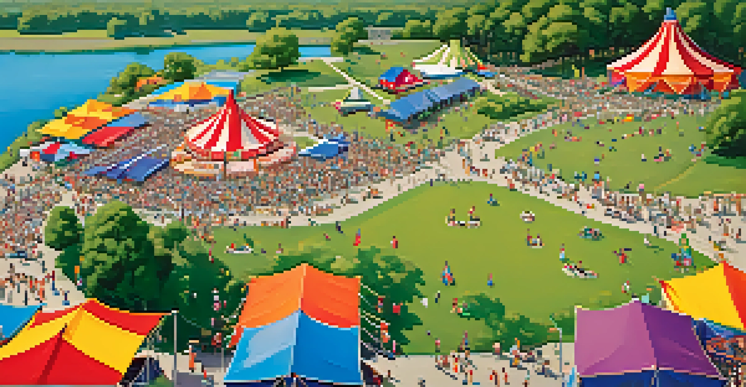An aerial view of a bustling park festival with colorful tents and activities by the river under a bright blue sky.