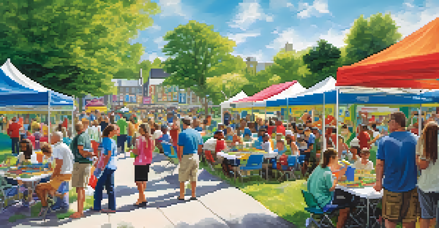 A community event with booths providing information about housing assistance, families interacting with volunteers, and colorful banners against a backdrop of greenery.