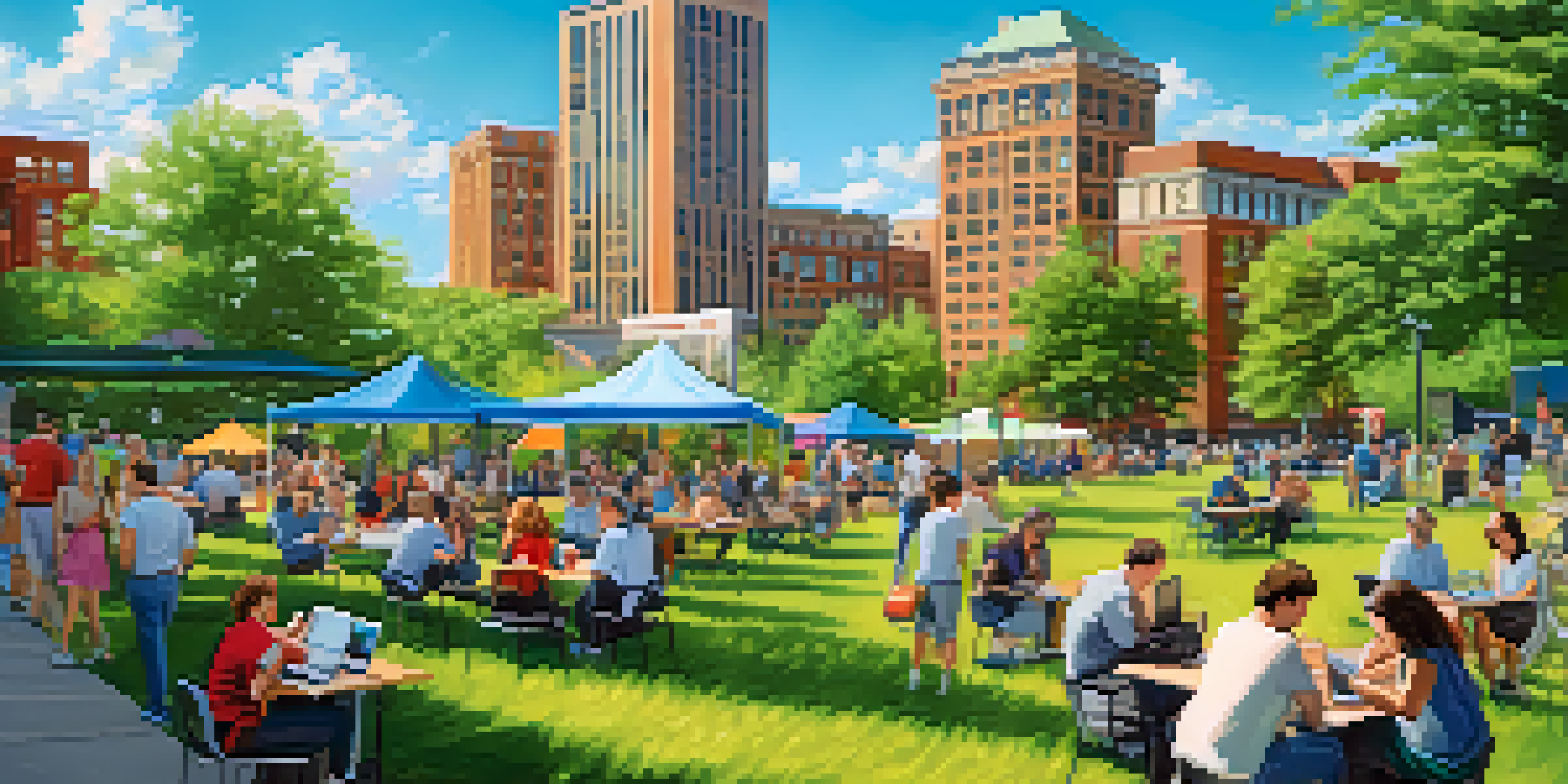 A cityscape of Rochester, New York, with a mix of modern and historical buildings, displaying people at a tech networking event in a park.