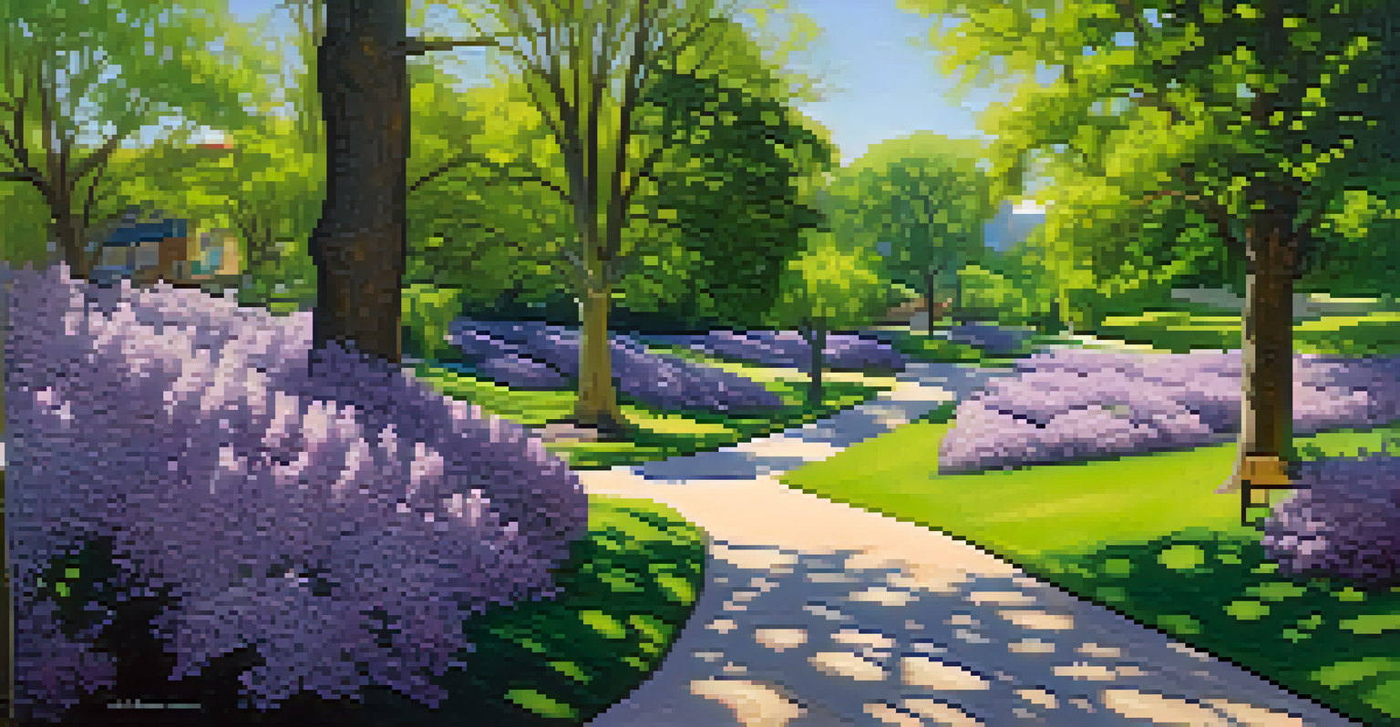 A spring scene in Highland Park with blooming lilacs, sunlit paths, and people enjoying a picnic amidst nature.