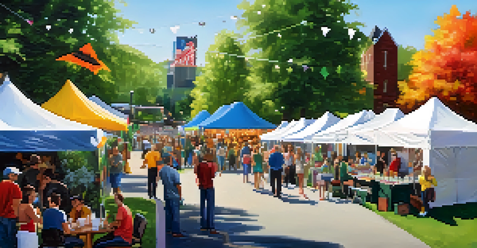A community event in Rochester with local entrepreneurs and businesses networking, tents with displays, and greenery surrounding the area.