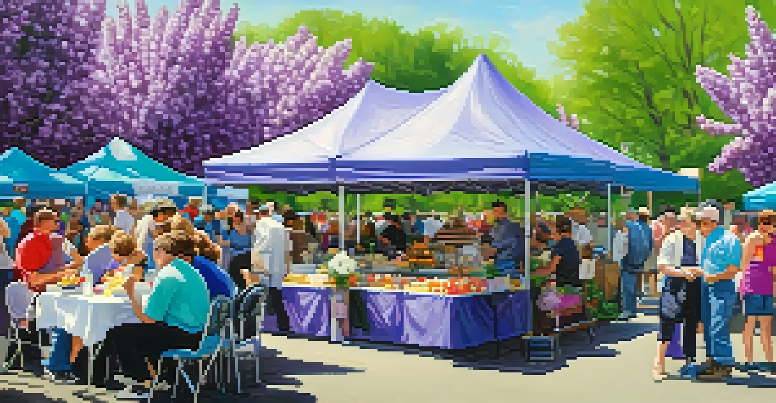 A lively festival scene with blooming lilacs and food vendors, where attendees are enjoying delicious food amidst the flowers.