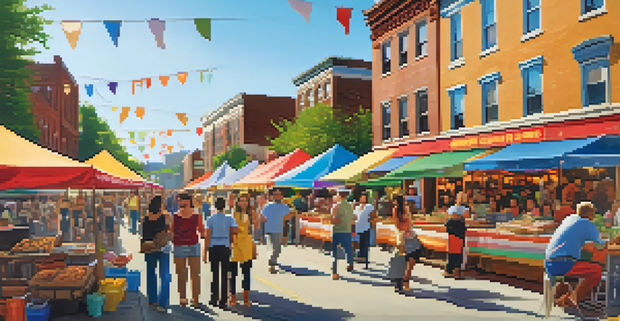 A lively food festival in Rochester with diverse food stalls, families enjoying meals, and colorful decorations.