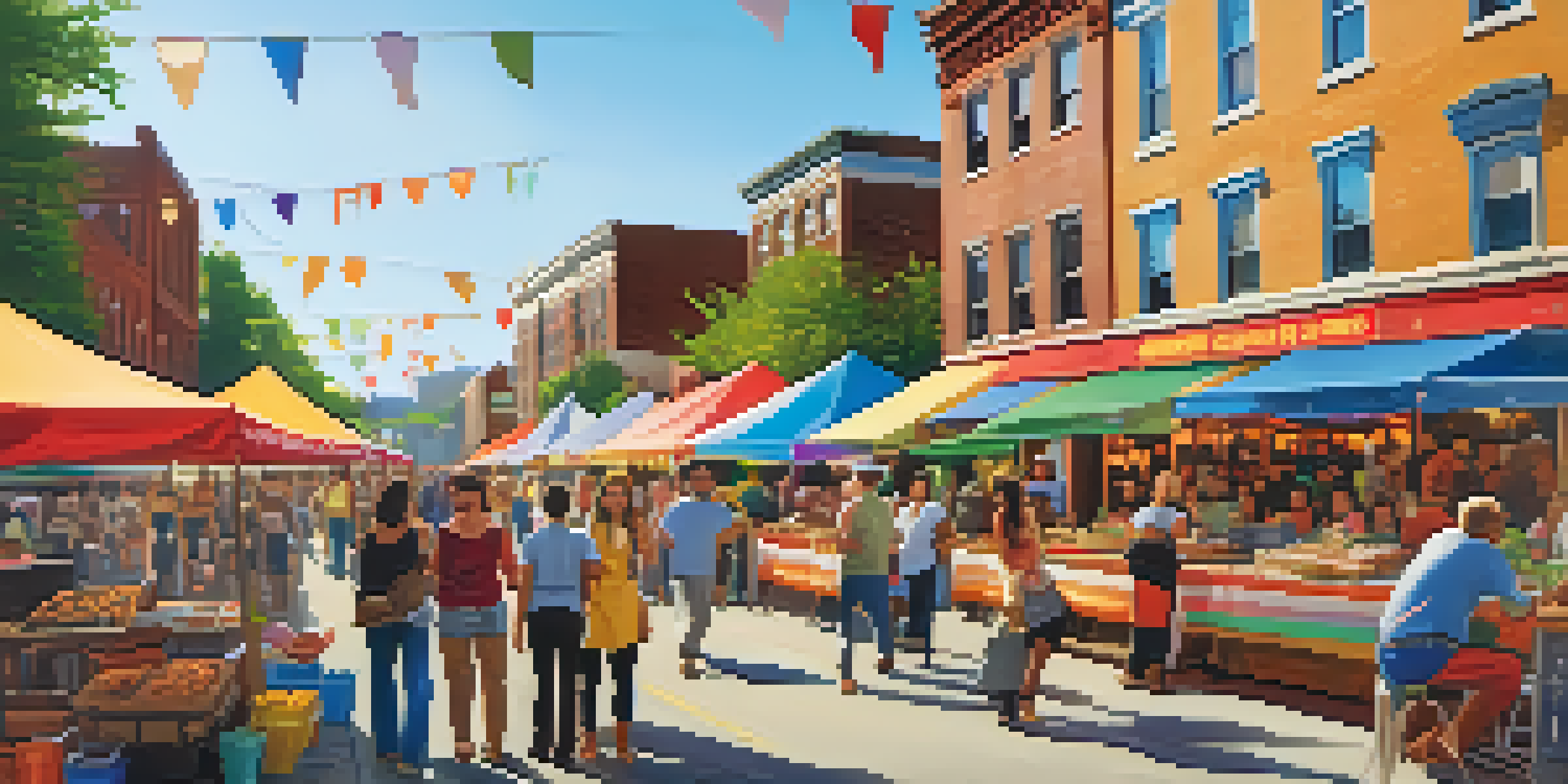 A lively food festival in Rochester with diverse food stalls, families enjoying meals, and colorful decorations.