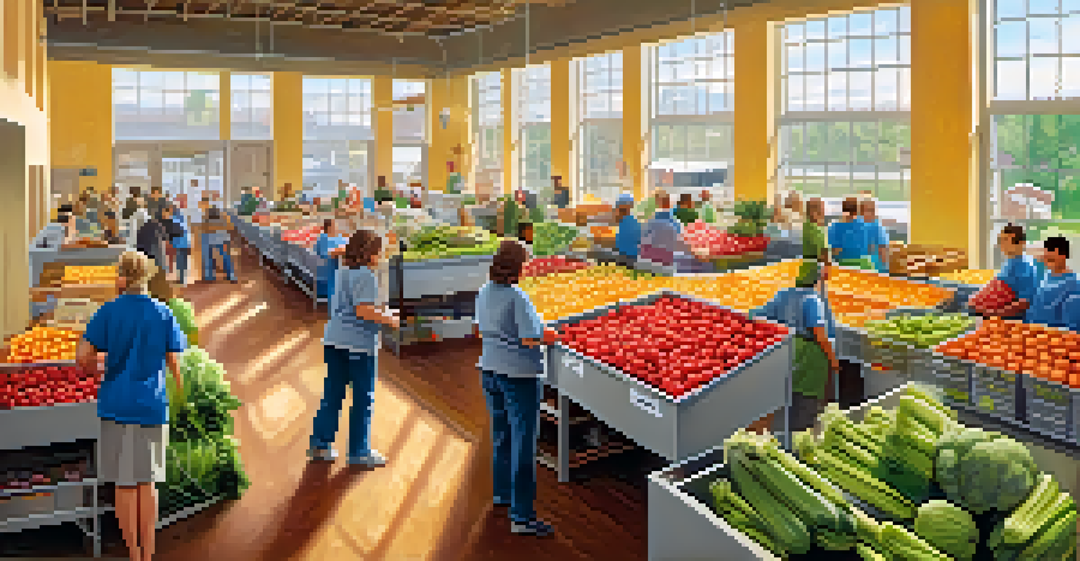 Volunteers at a food bank sorting fresh produce and canned goods, surrounded by vibrant colors and a sense of community.