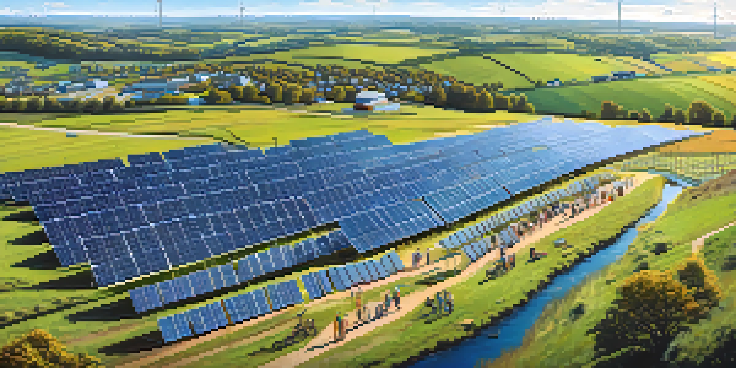 A wide-angle view of a solar farm with solar panels and wind turbines in the background, showcasing people participating in a community program about renewable energy.