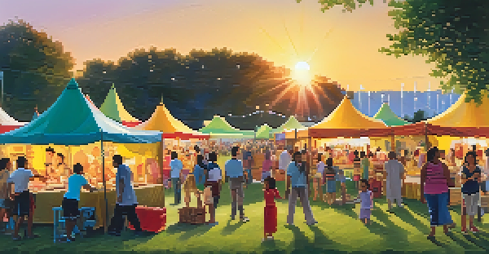 A lively community festival in a park with diverse people enjoying performances and food under a sunset.