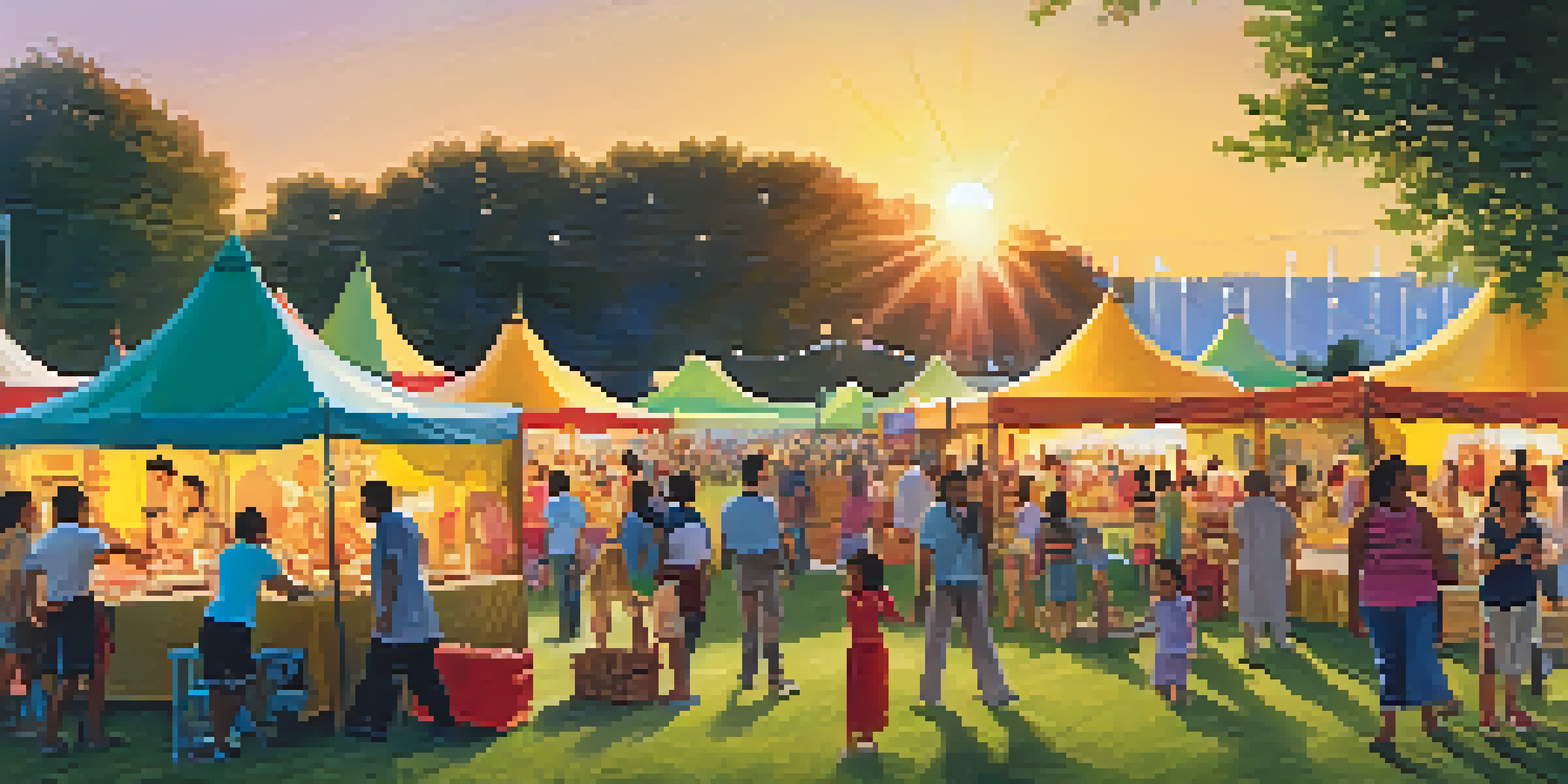 A lively community festival in a park with diverse people enjoying performances and food under a sunset.