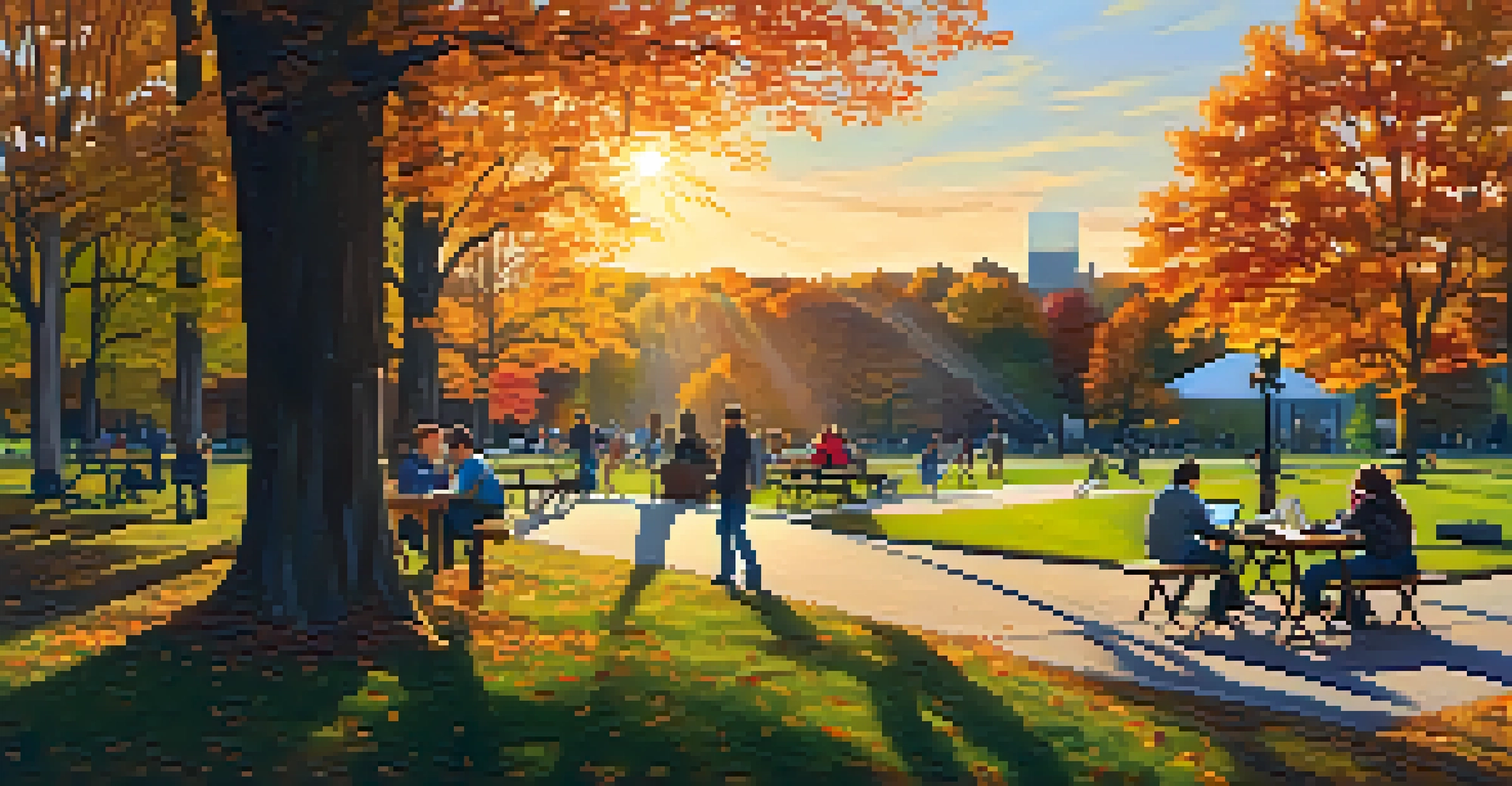 A picturesque park in Rochester with people working remotely among autumn leaves.