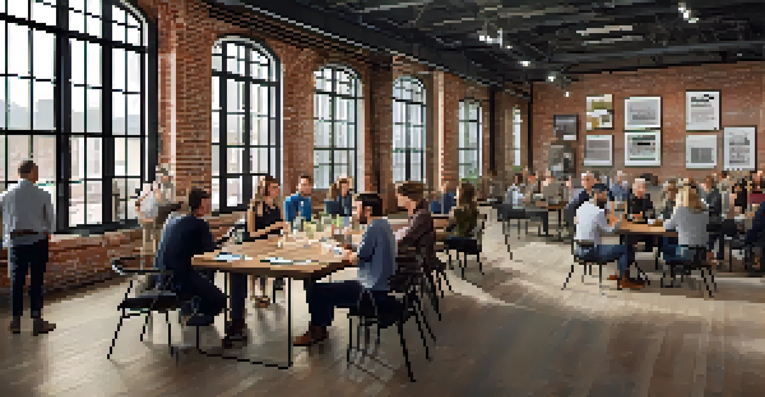 Photographers networking in a stylish loft, discussing their portfolios and sharing ideas in a bright, industrial space with exposed brick walls.